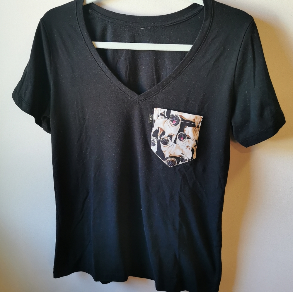 Simons Black V-Neck Tee with Printed Pocket PUG